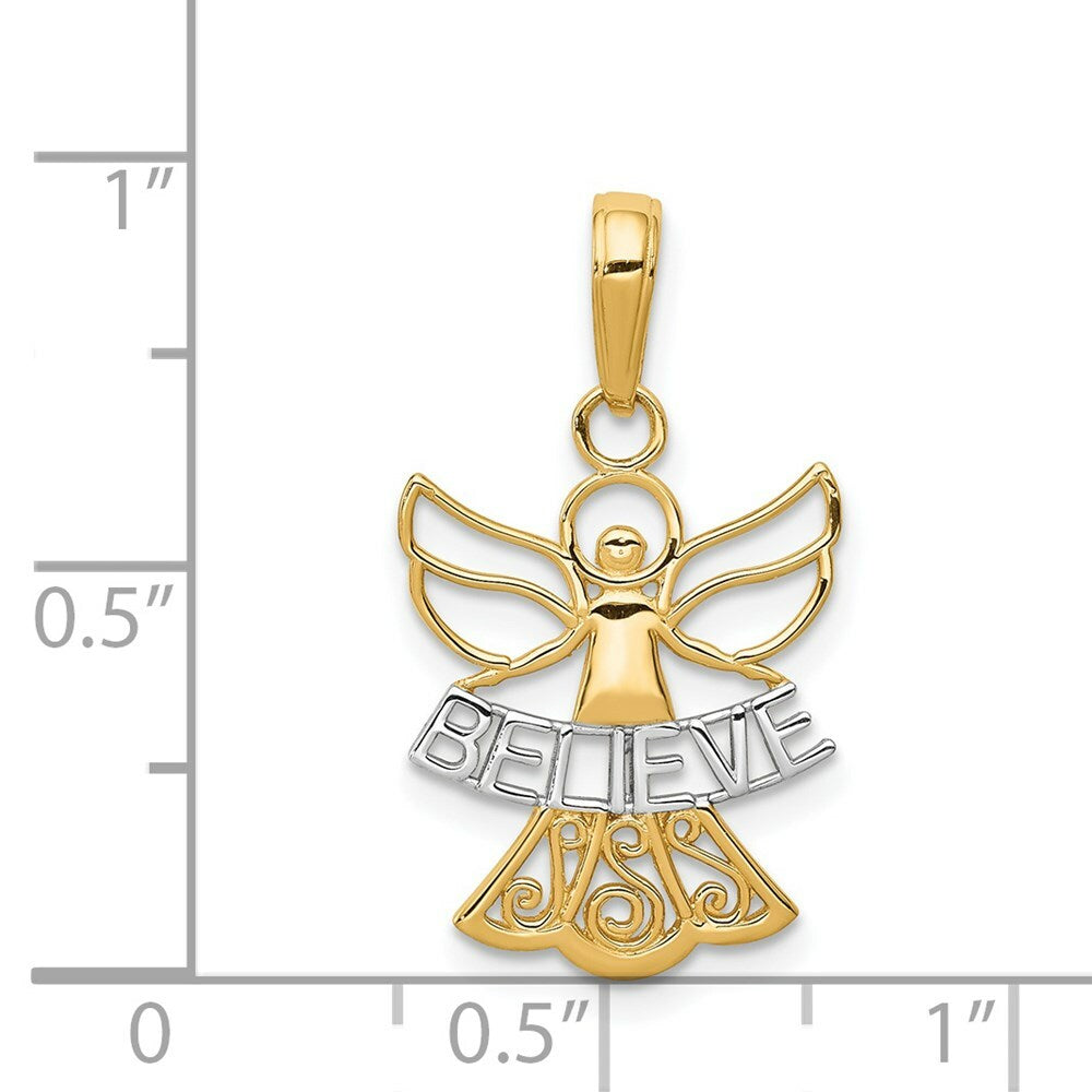 14K Yellow Gold w/Rhodium Believe Angel Pendant