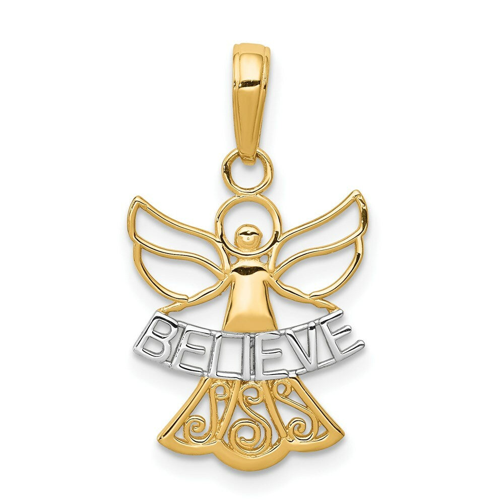 14K Yellow Gold w/Rhodium Believe Angel Pendant