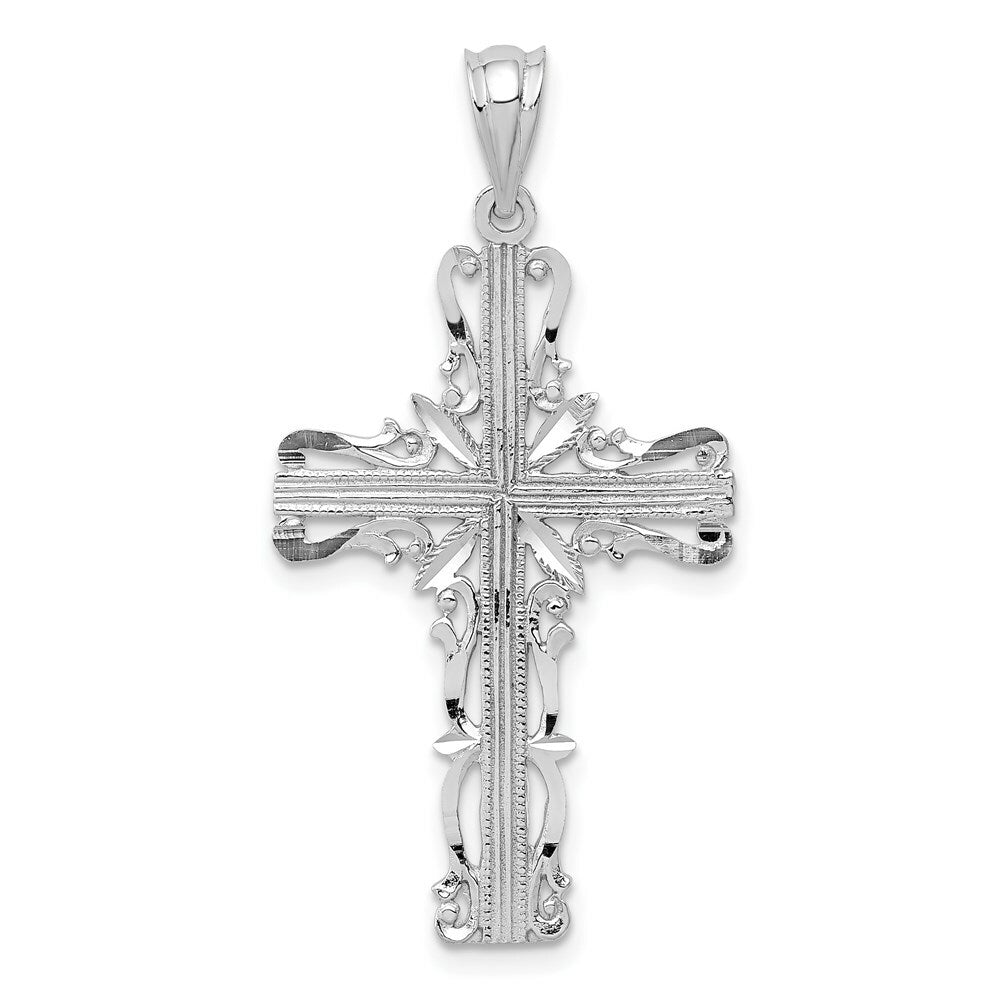 14K White Gold Latin Cross Pendant 36mm length