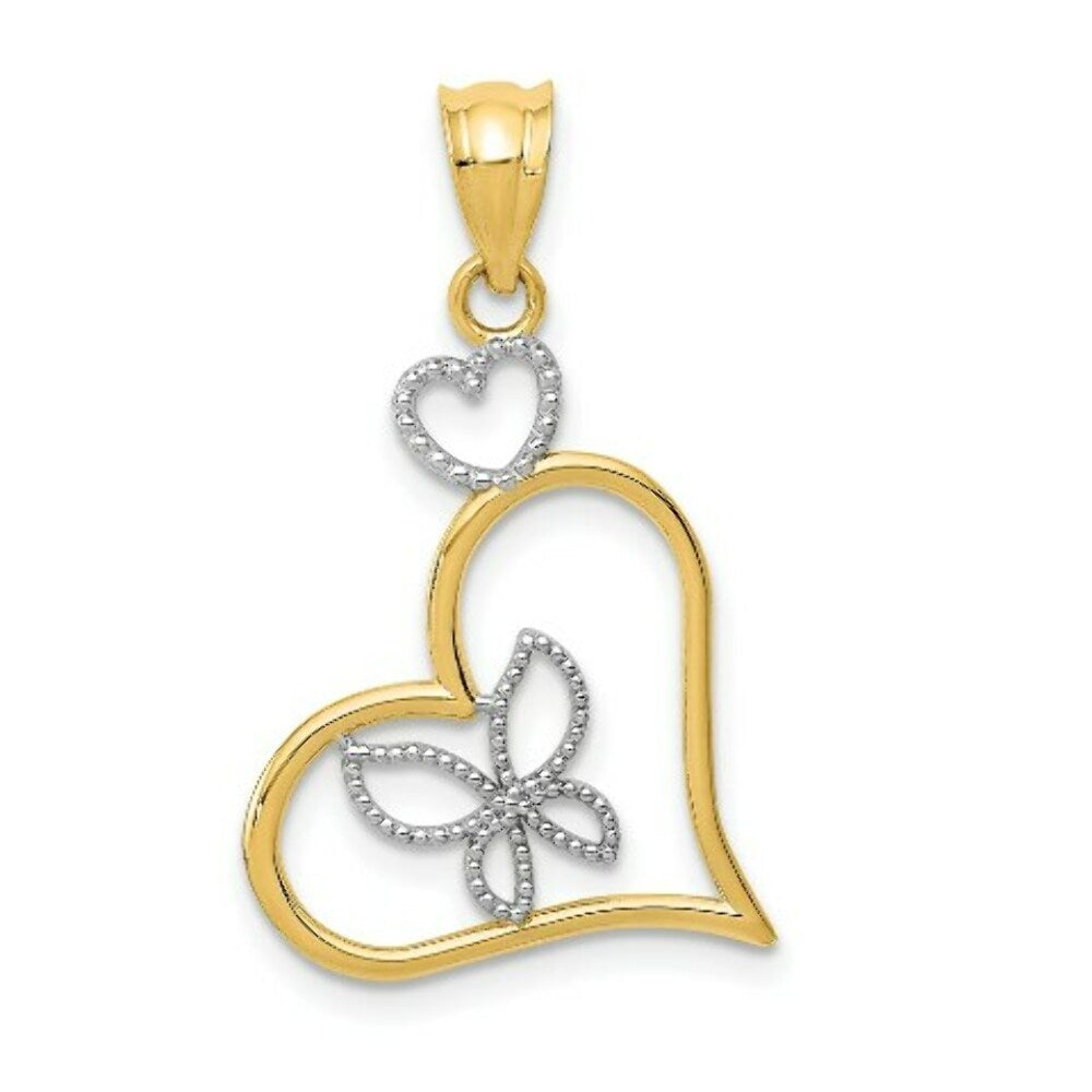 14K Yellow Gold & Rhodium Butterfly in Heart Pendant