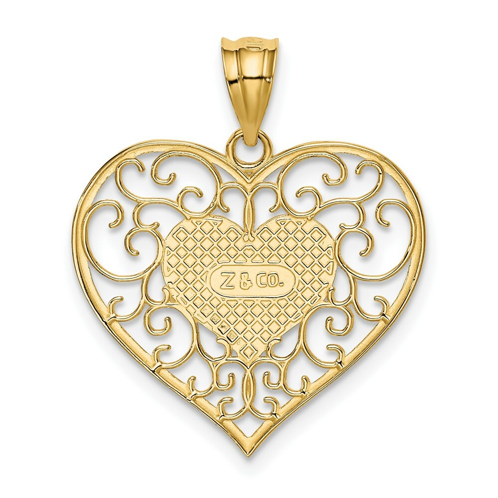14K Yellow Gold Heart In Heart Polished & Filigree Pendant