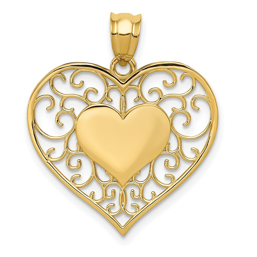 14K Yellow Gold Heart In Heart Polished & Filigree Pendant