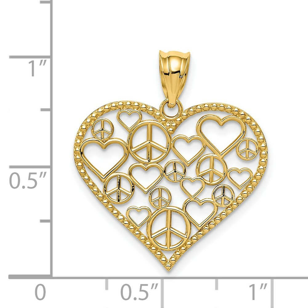 14K Yellow Gold Heart w/Peace Signs Pendant