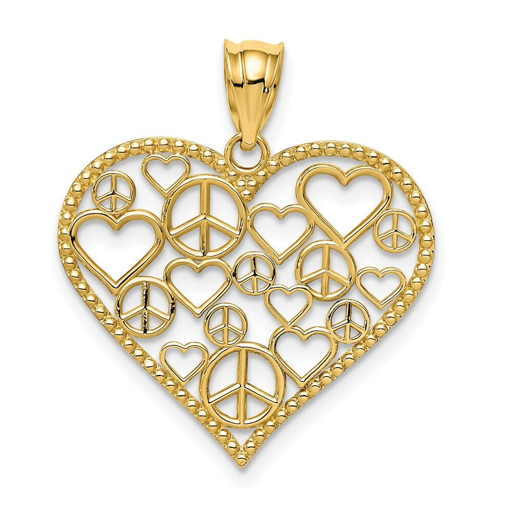14K Yellow Gold Heart w/Peace Signs Pendant