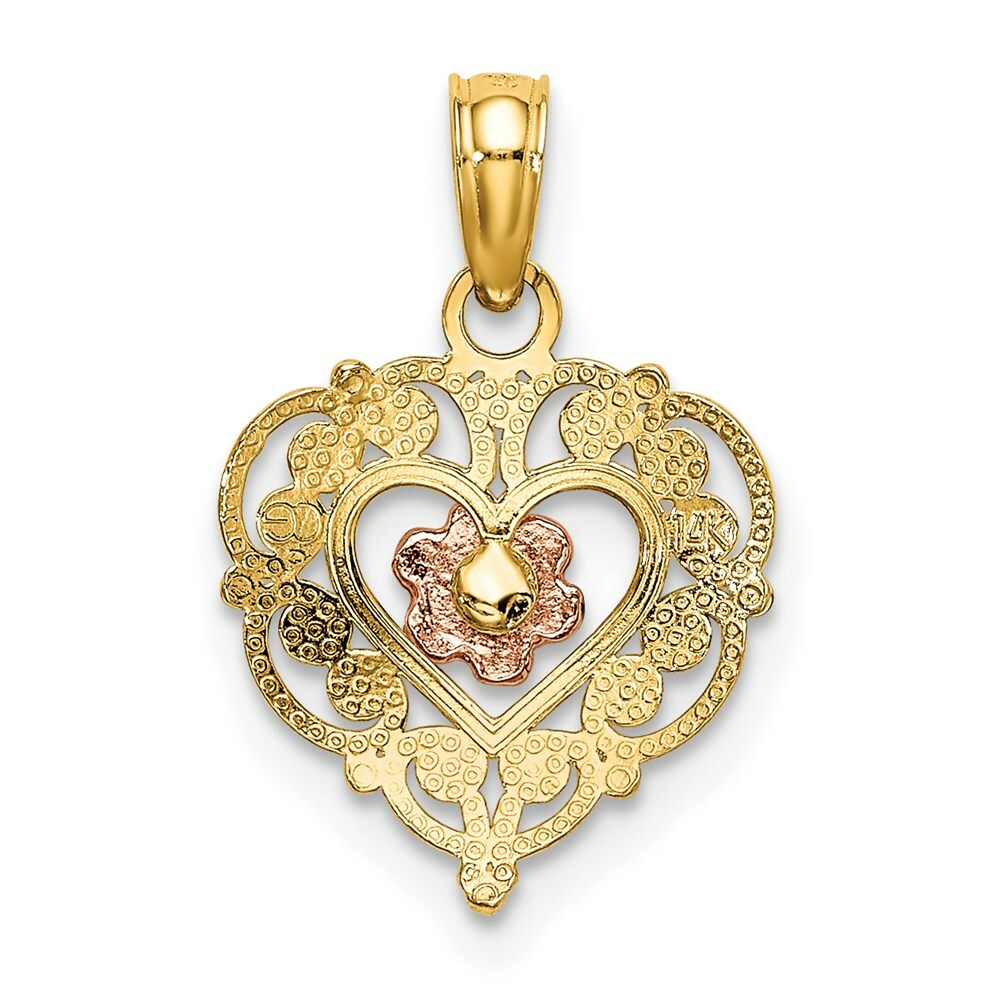 14K Two-tone Gold Rose Heart Pendant