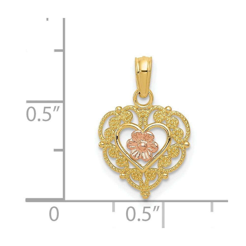 14K Two-tone Gold Rose Heart Pendant