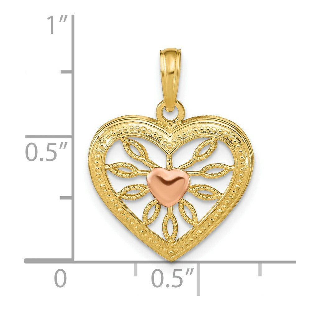 14K Two-Tone Gold Heart With Pink Center Charm Pendant