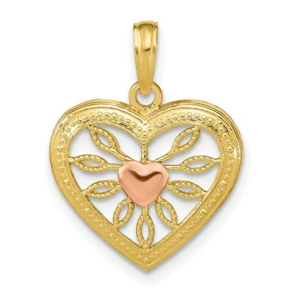 14K Two-Tone Gold Heart With Pink Center Charm Pendant