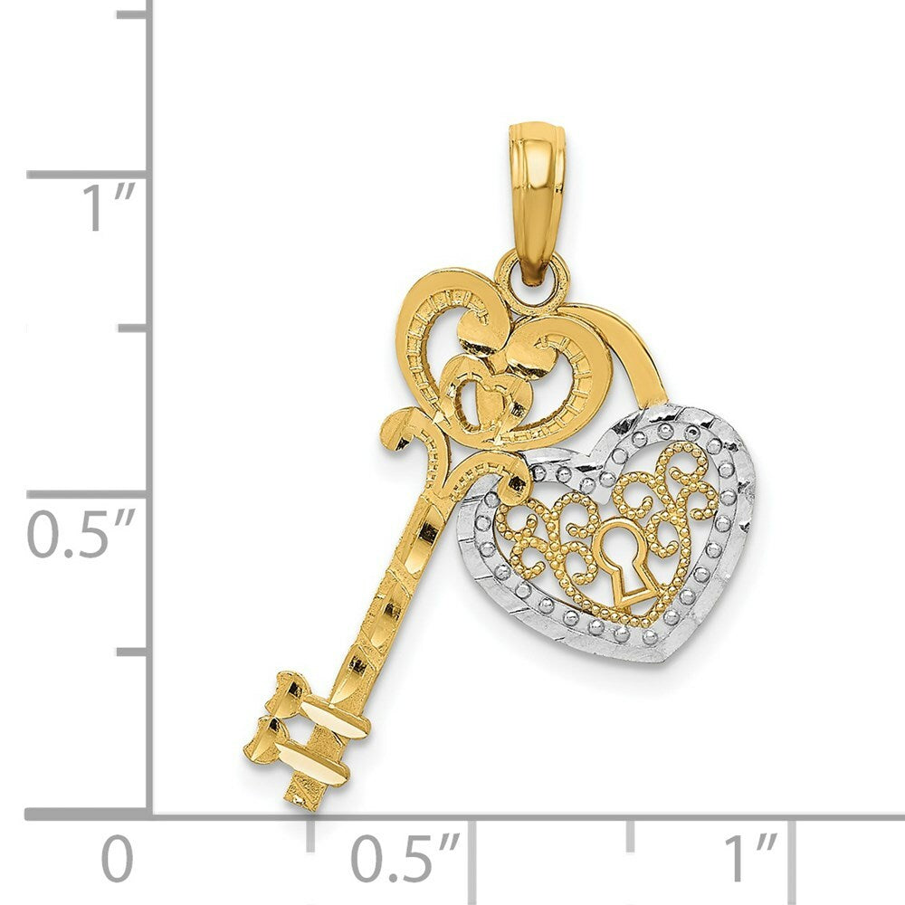 14K Yellow Gold & Rhodium Diamond-cut Key & Heart Lock Pendant