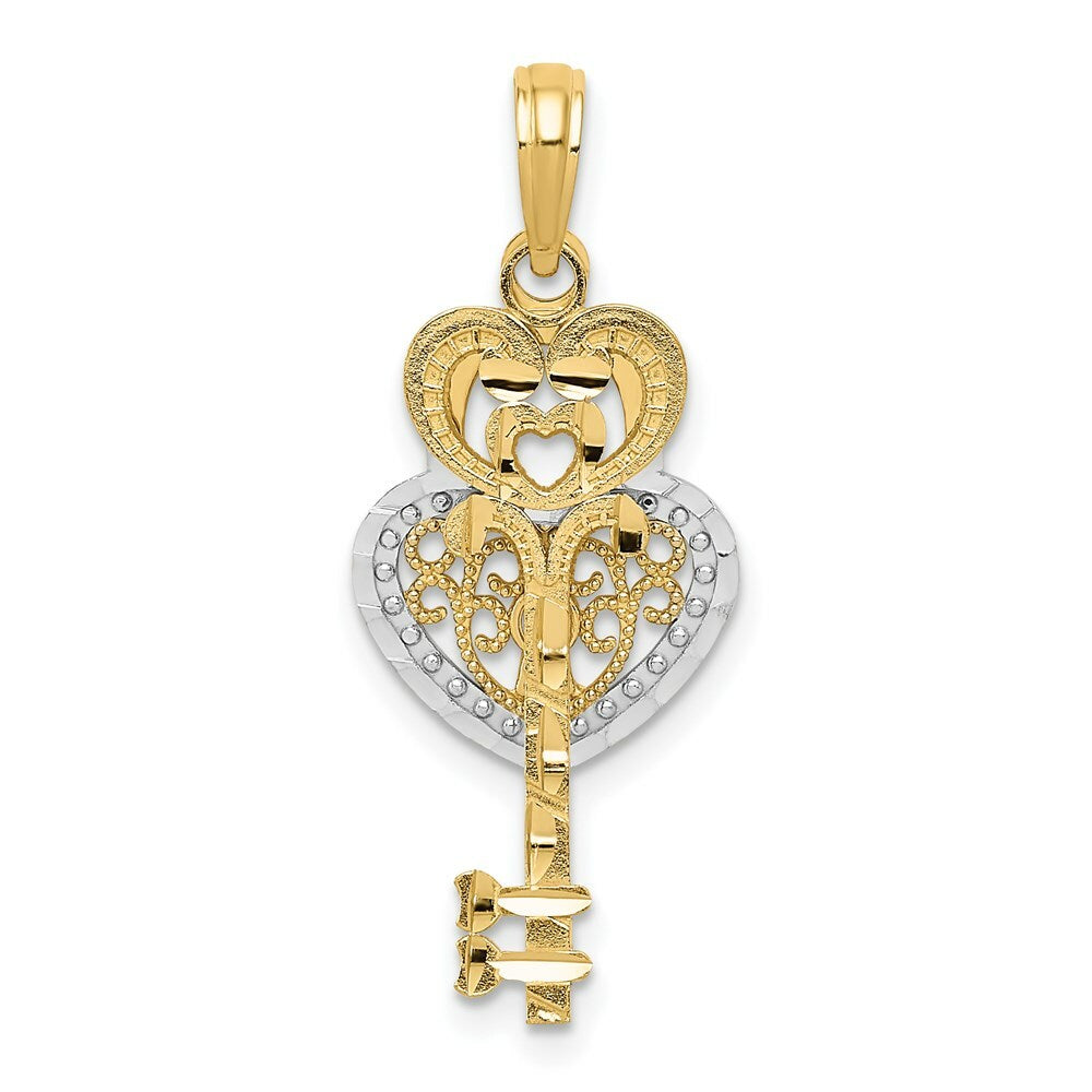 14K Yellow Gold & Rhodium Diamond-cut Key & Heart Lock Pendant