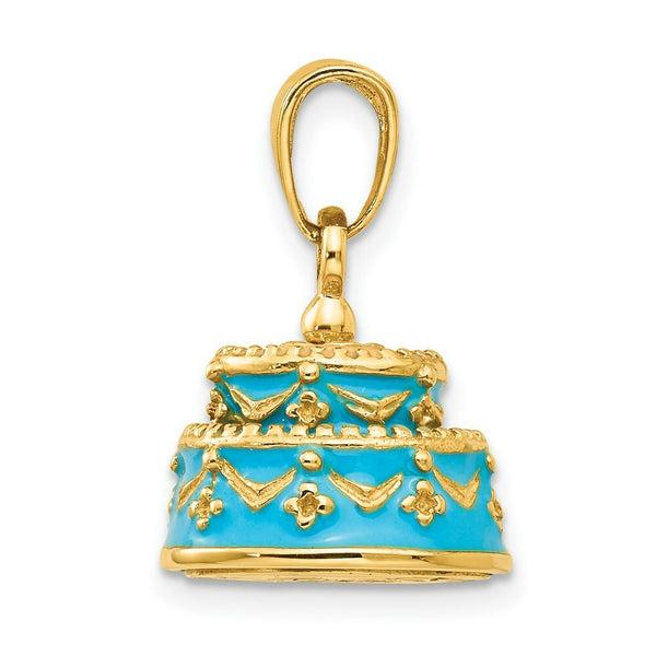 14K Yellow Gold 3-D Light Blue Enameled Happy Birthday Cake Pendant