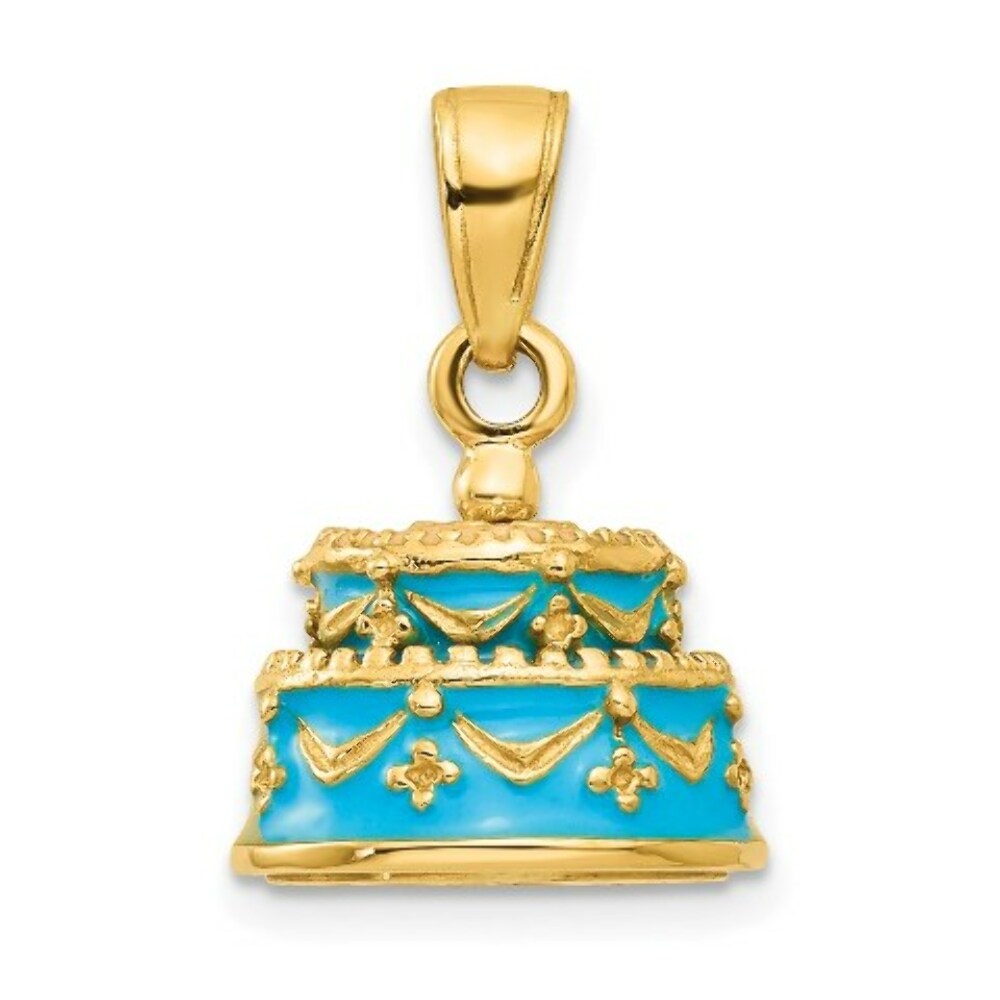 14K Yellow Gold 3-D Light Blue Enameled Happy Birthday Cake Pendant