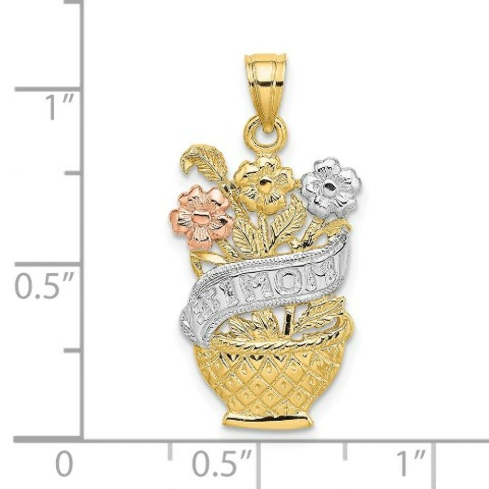 14K Two-Tone Gold #1 Mom Banner Flower Basket Charm Pendant