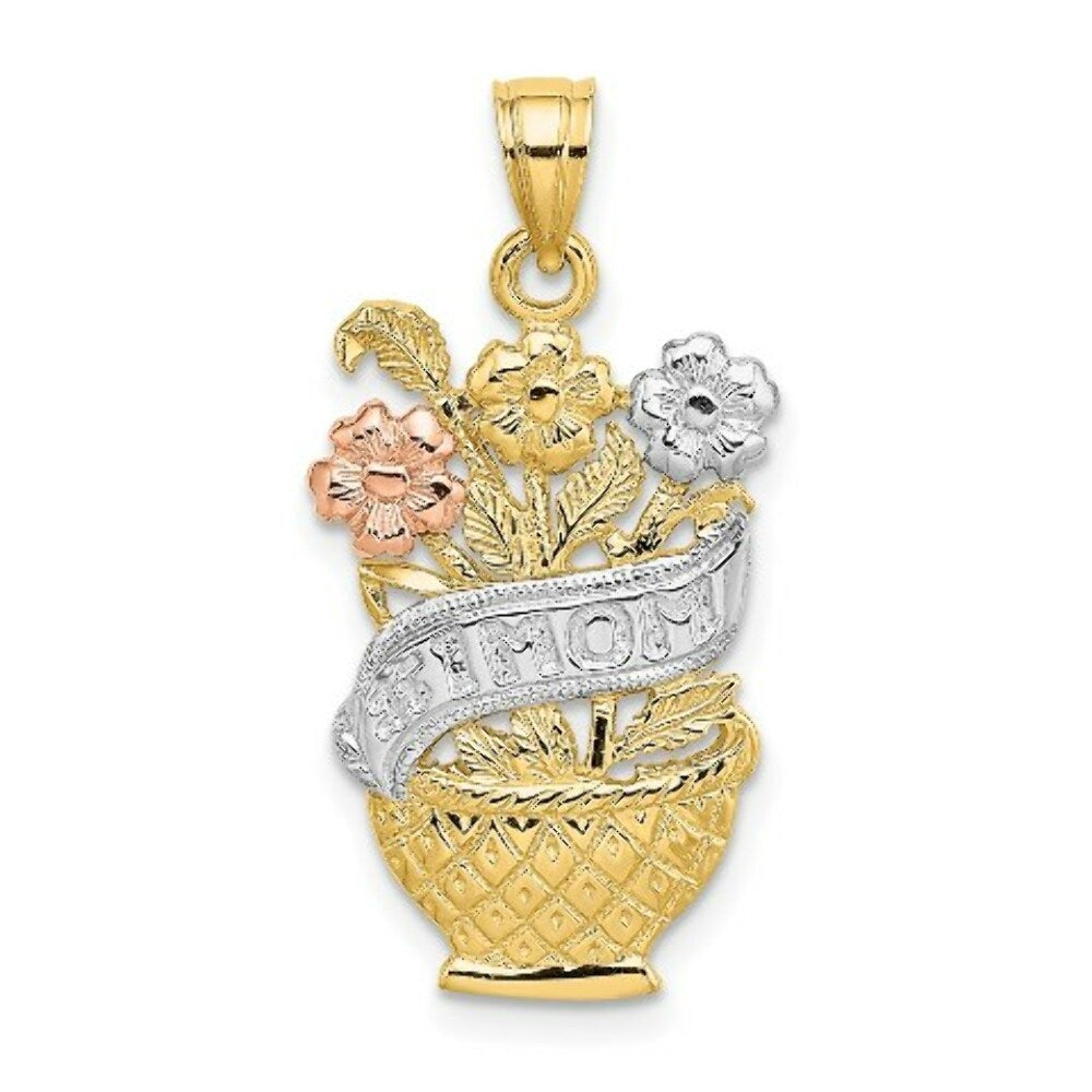 14K Two-Tone Gold #1 Mom Banner Flower Basket Charm Pendant