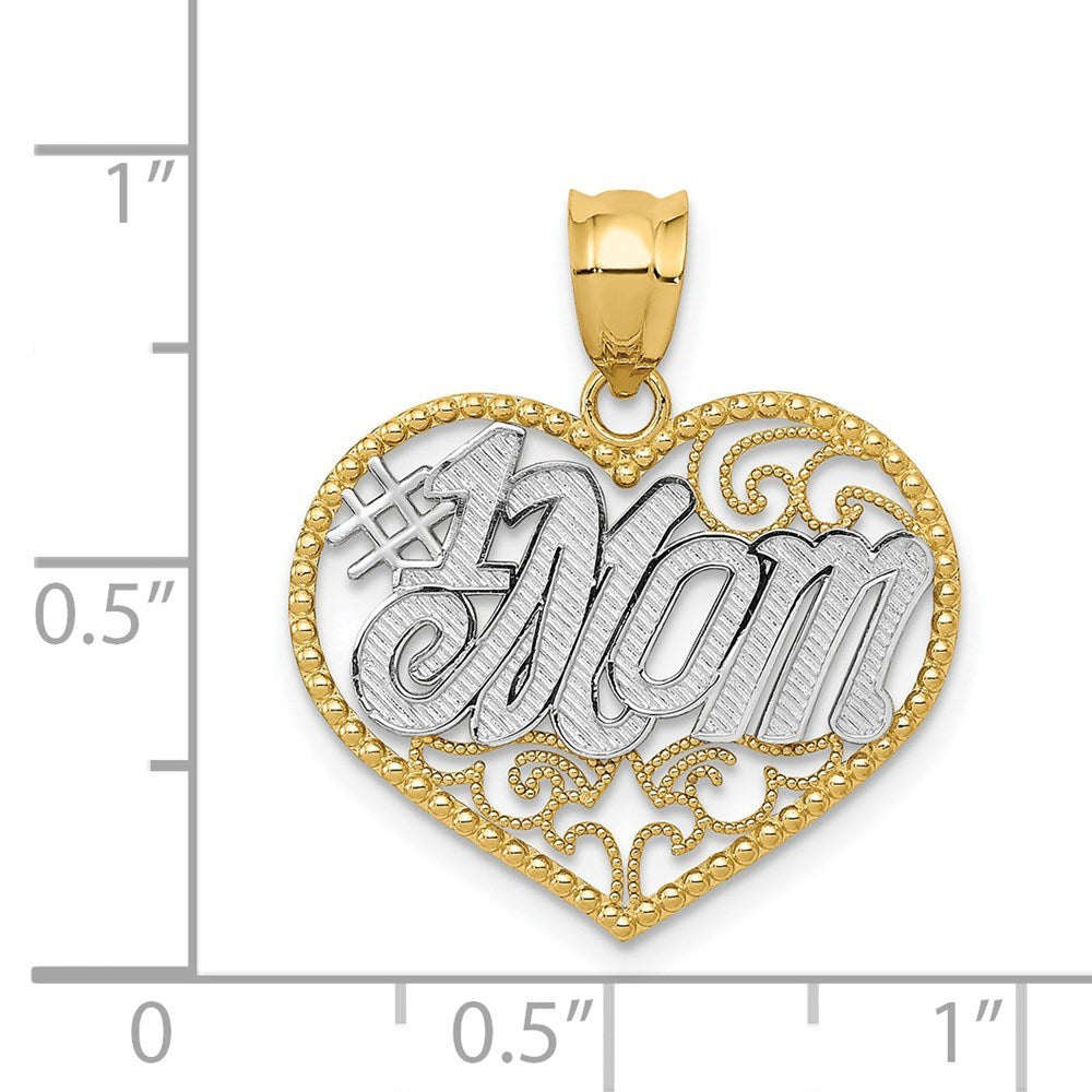 14K Yellow Gold & Rhodium Filigree #1 Mom Heart Pendant