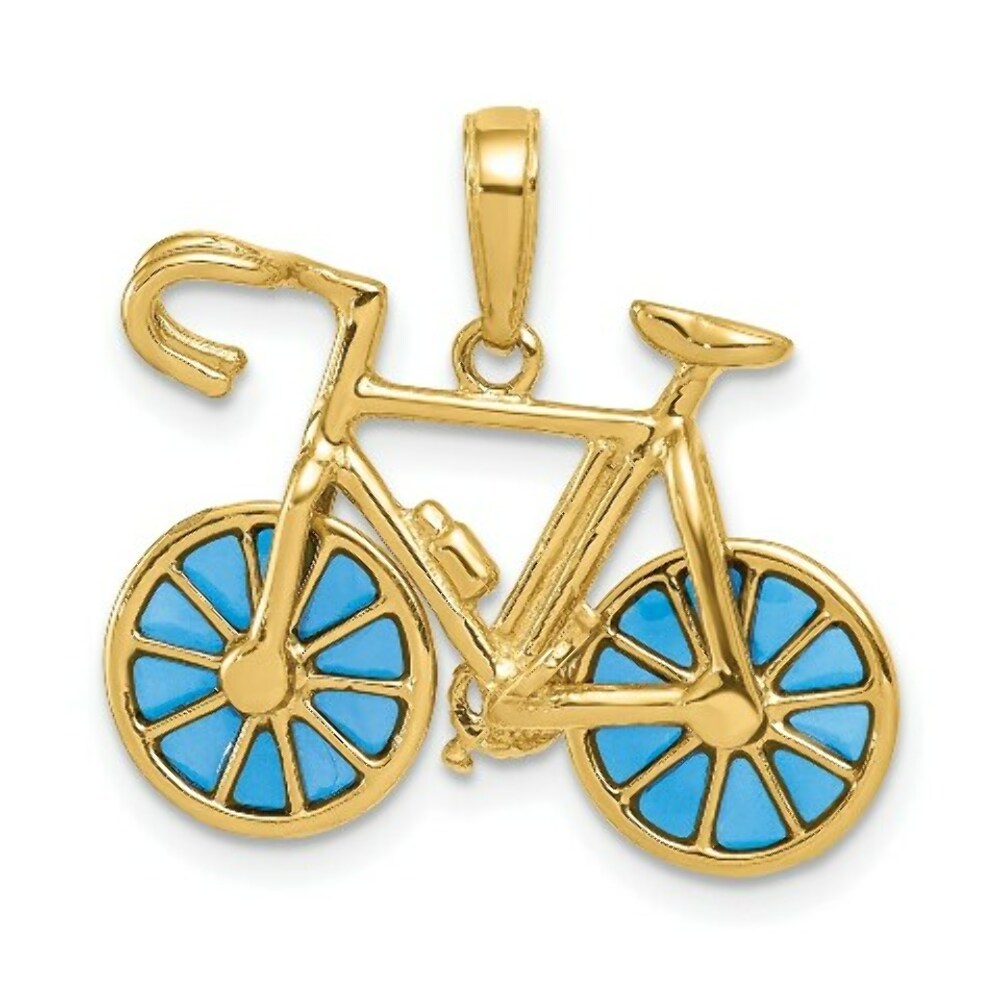 14K Yellow Gold 3-D Blue Translucent Acrylic Bicycle Pendant