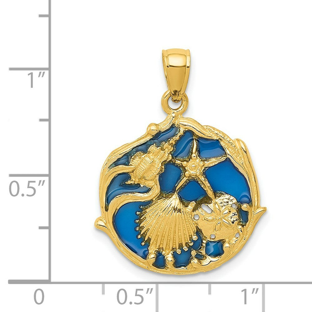 14K Yellow Gold Blue Stained Glassed Shell Cluster Pendant