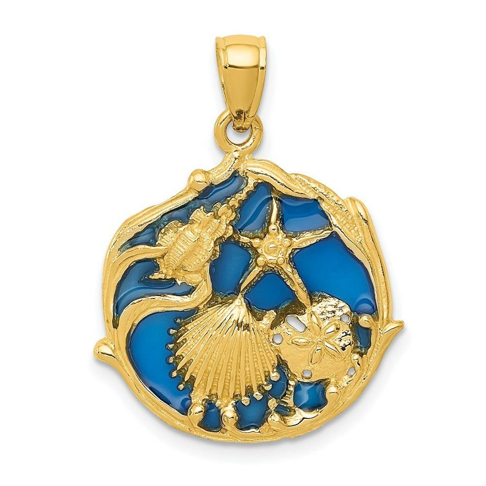 14K Yellow Gold Blue Stained Glassed Shell Cluster Pendant