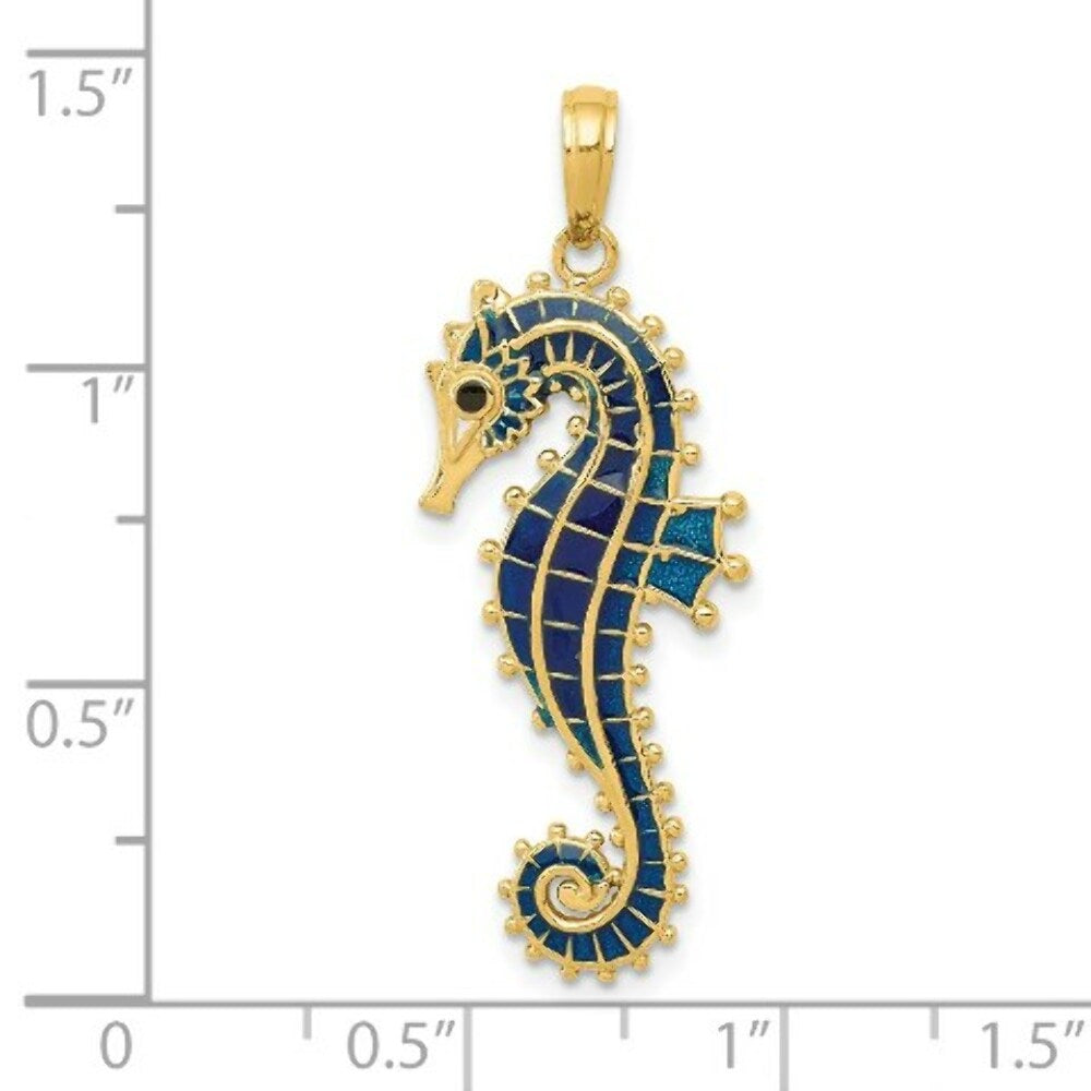 14K Yellow Gold 3-D Blue Enameled Seahorse Pendant