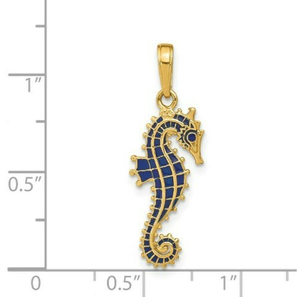 14K Yellow Gold 3-D Blue Enameled Seahorse Pendant