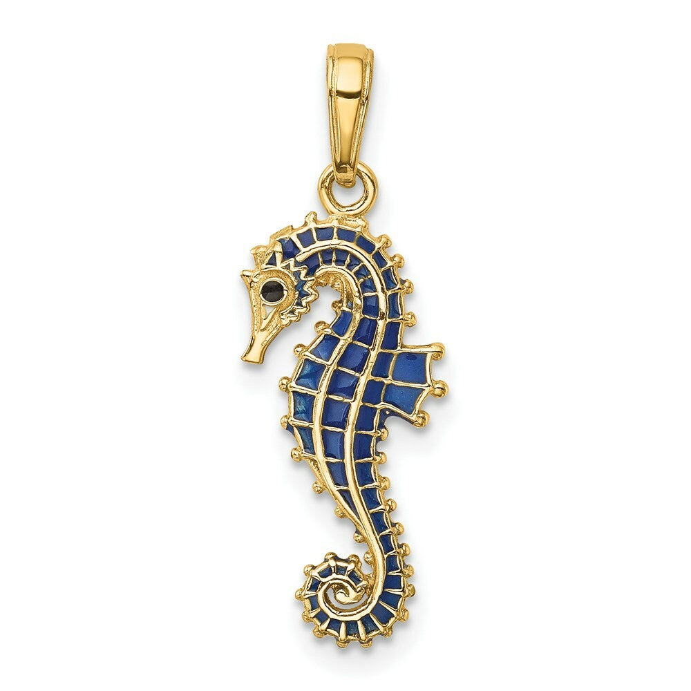 14K Yellow Gold 3-D Blue Enameled Seahorse Pendant
