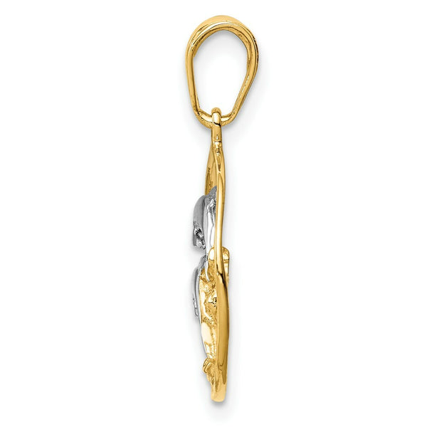 14K Yellow Gold & Rhodium Double Dolphins in Circle Pendant