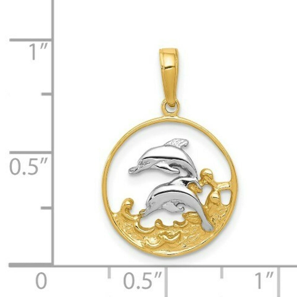 14K Yellow Gold & Rhodium Double Dolphins in Circle Pendant