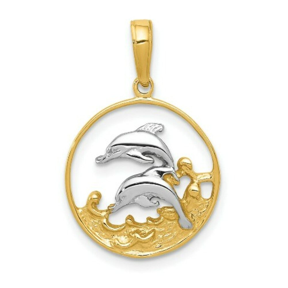 14K Yellow Gold & Rhodium Double Dolphins in Circle Pendant