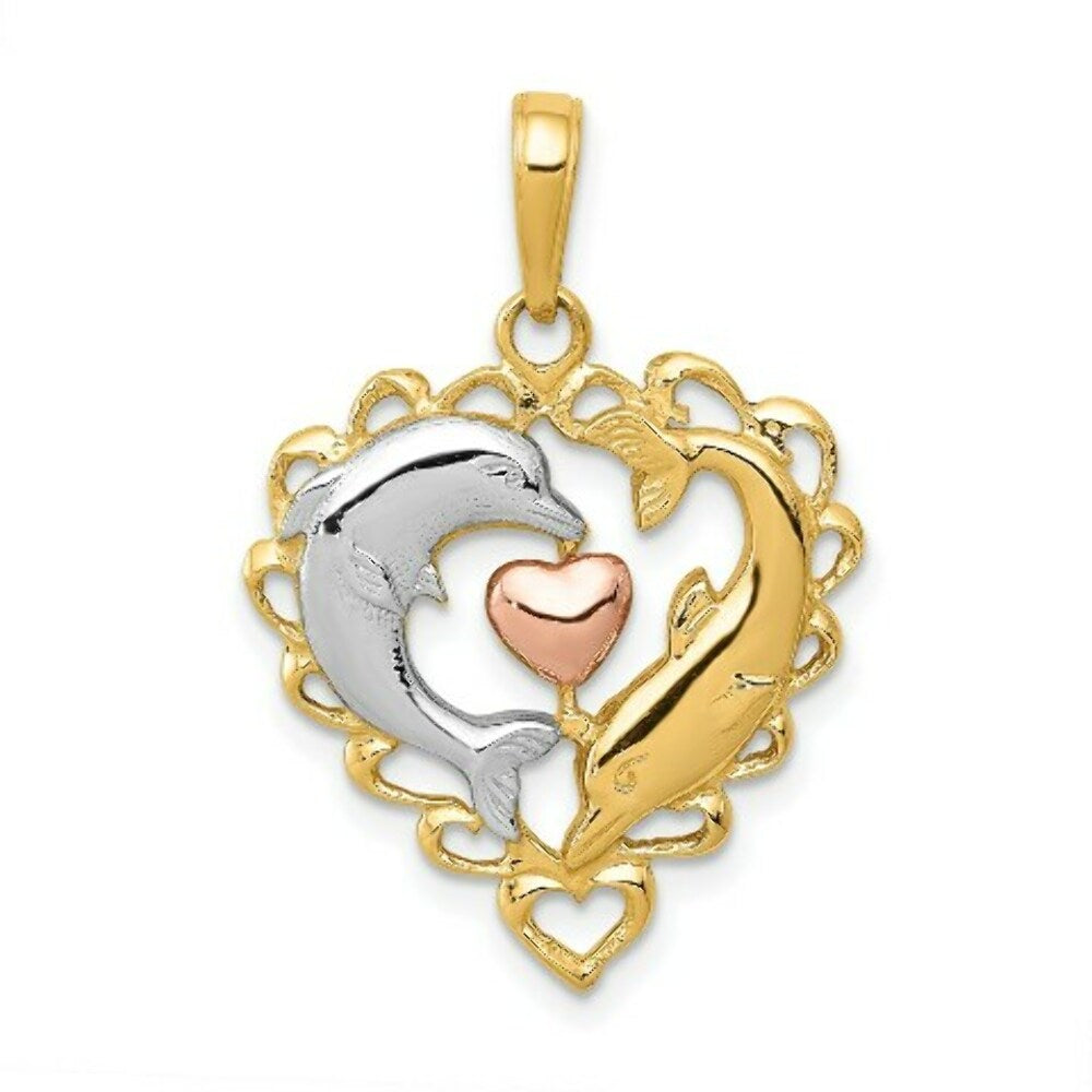 14K Two-tone Gold & Rhodium Dolphins in Heart Pendant