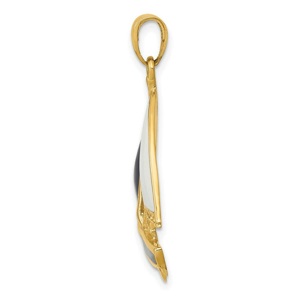14K Yellow Gold 2-D Blue and White Enameled Sailboat Pendant