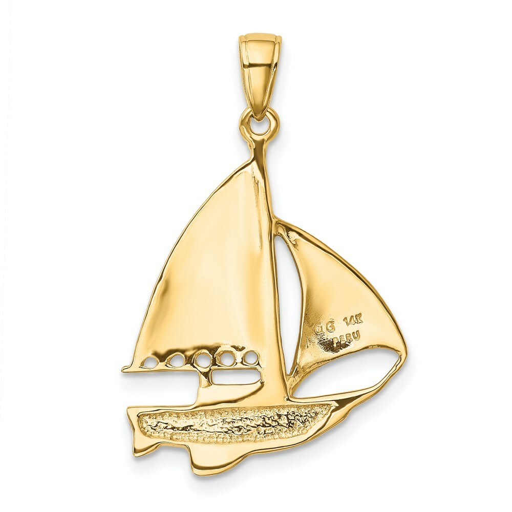 14K Yellow Gold 2-D Blue and White Enameled Sailboat Pendant