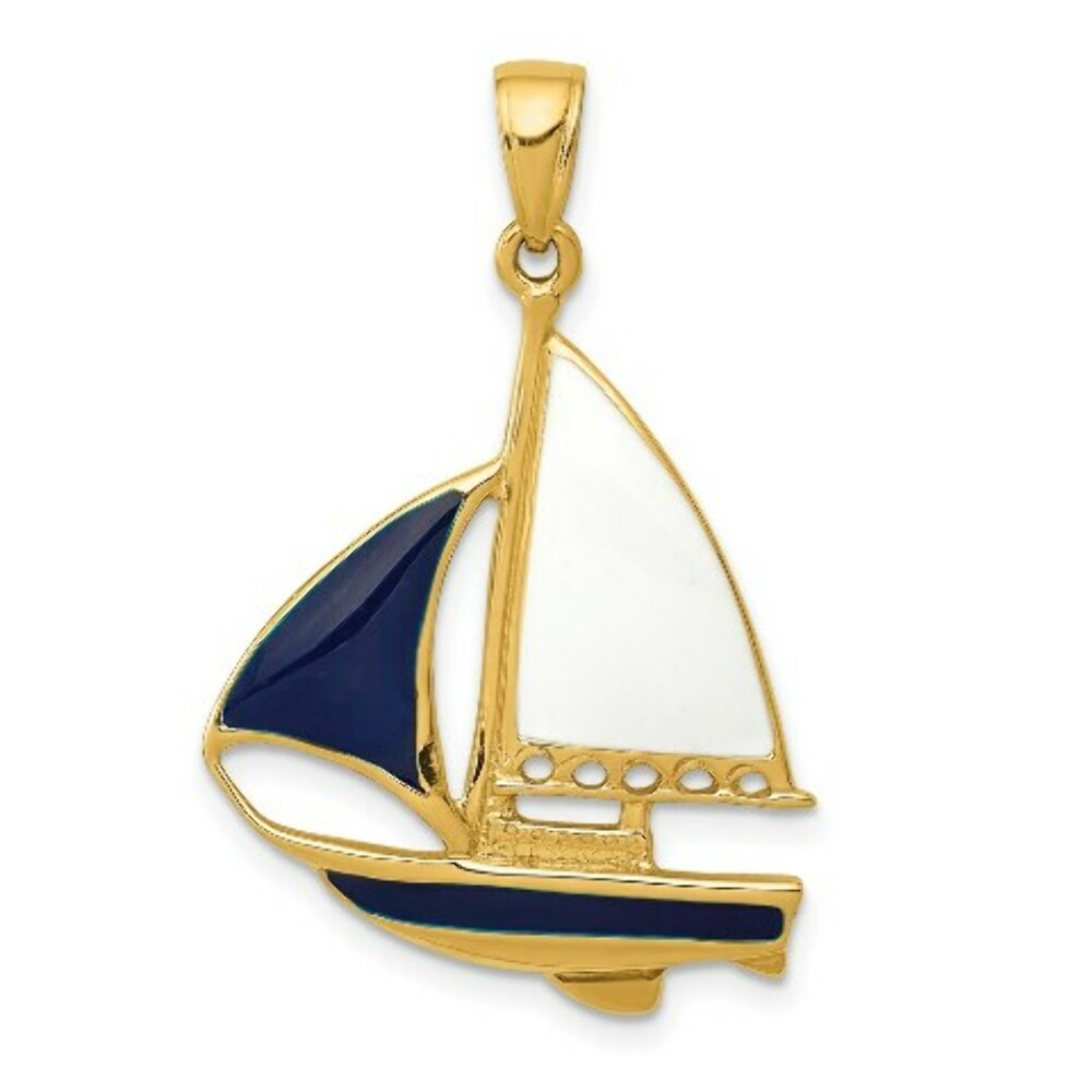 14K Yellow Gold 2-D Blue and White Enameled Sailboat Pendant