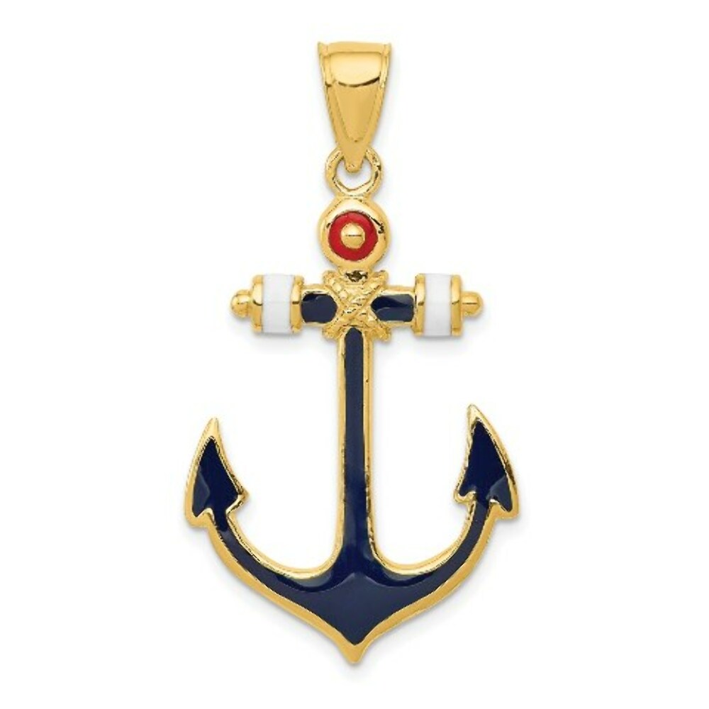 14K Yellow Gold 2-D Red, White, and Blue Enameled Anchor Pendant