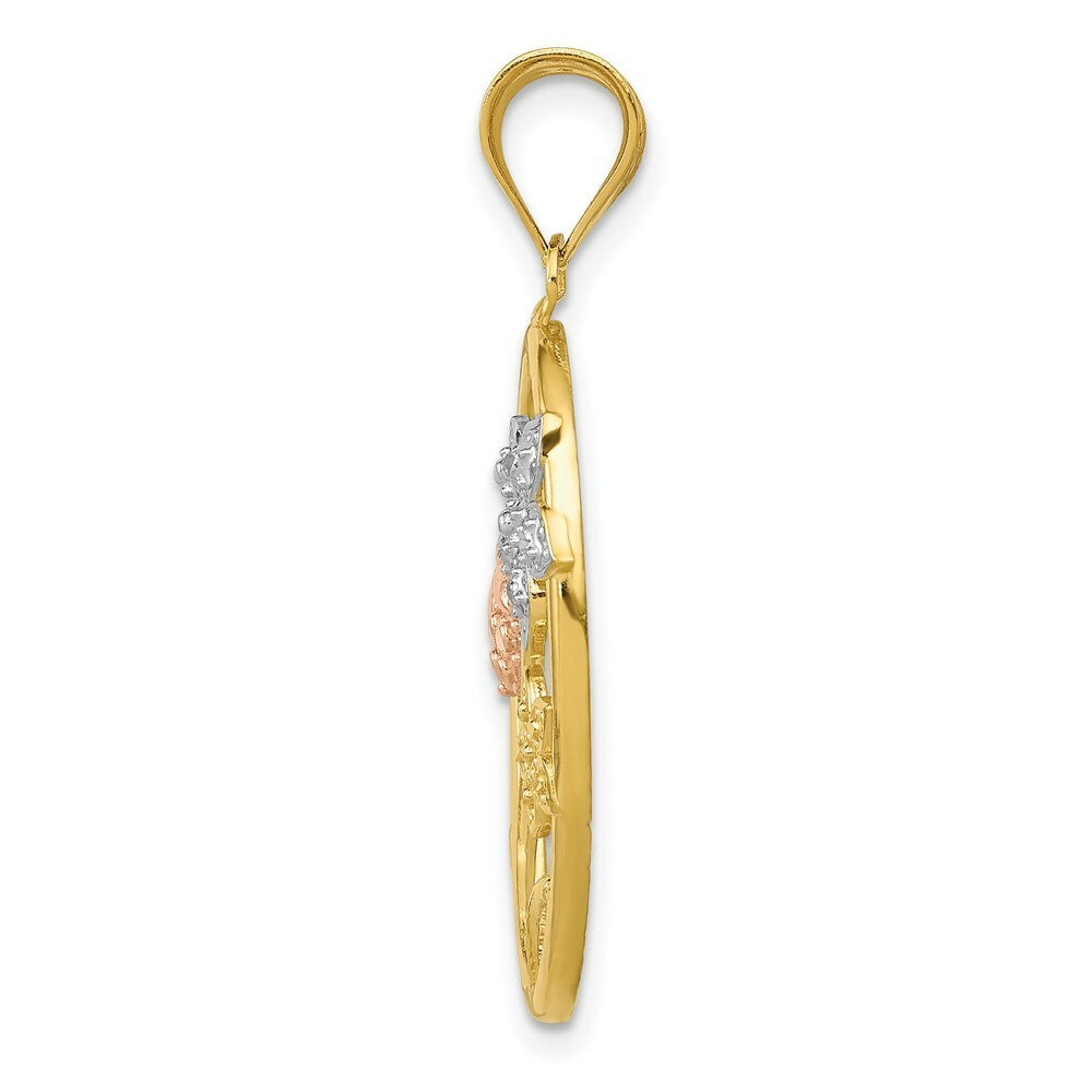 14K Two-tone Gold & Rhodium Diamond-cut Oval Floral Pendant