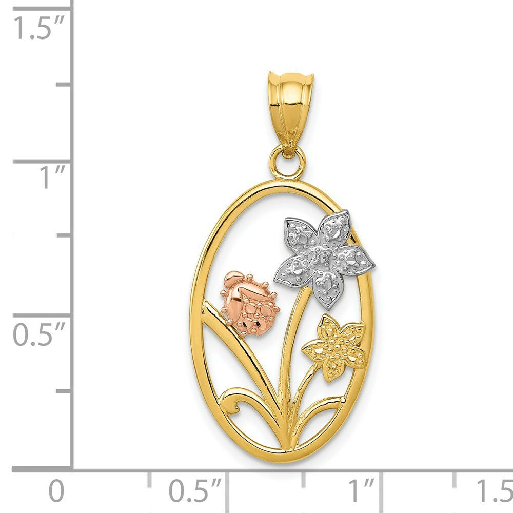 14K Two-tone Gold & Rhodium Diamond-cut Oval Floral Pendant