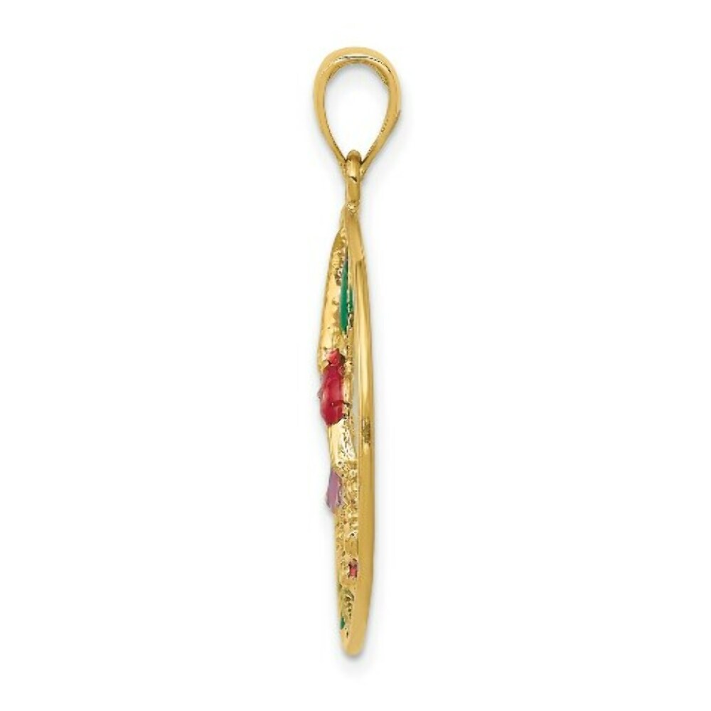 14K Yellow Gold Enameled Hummingbird & Flower Round Frame Pendant