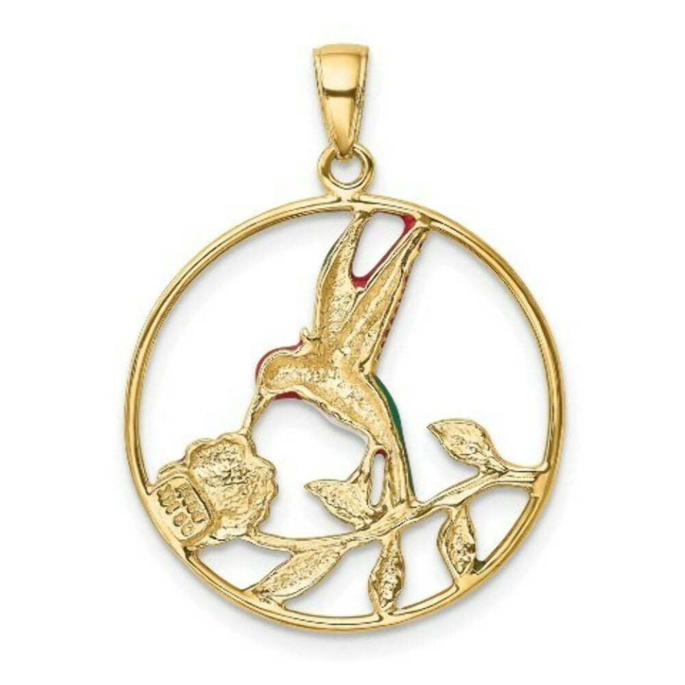 14K Yellow Gold Enameled Hummingbird & Flower Round Frame Pendant