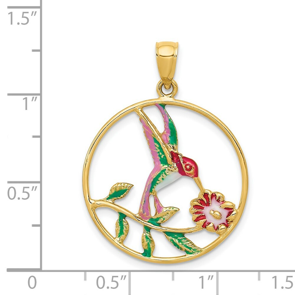 14K Yellow Gold Enameled Hummingbird & Flower Round Frame Pendant