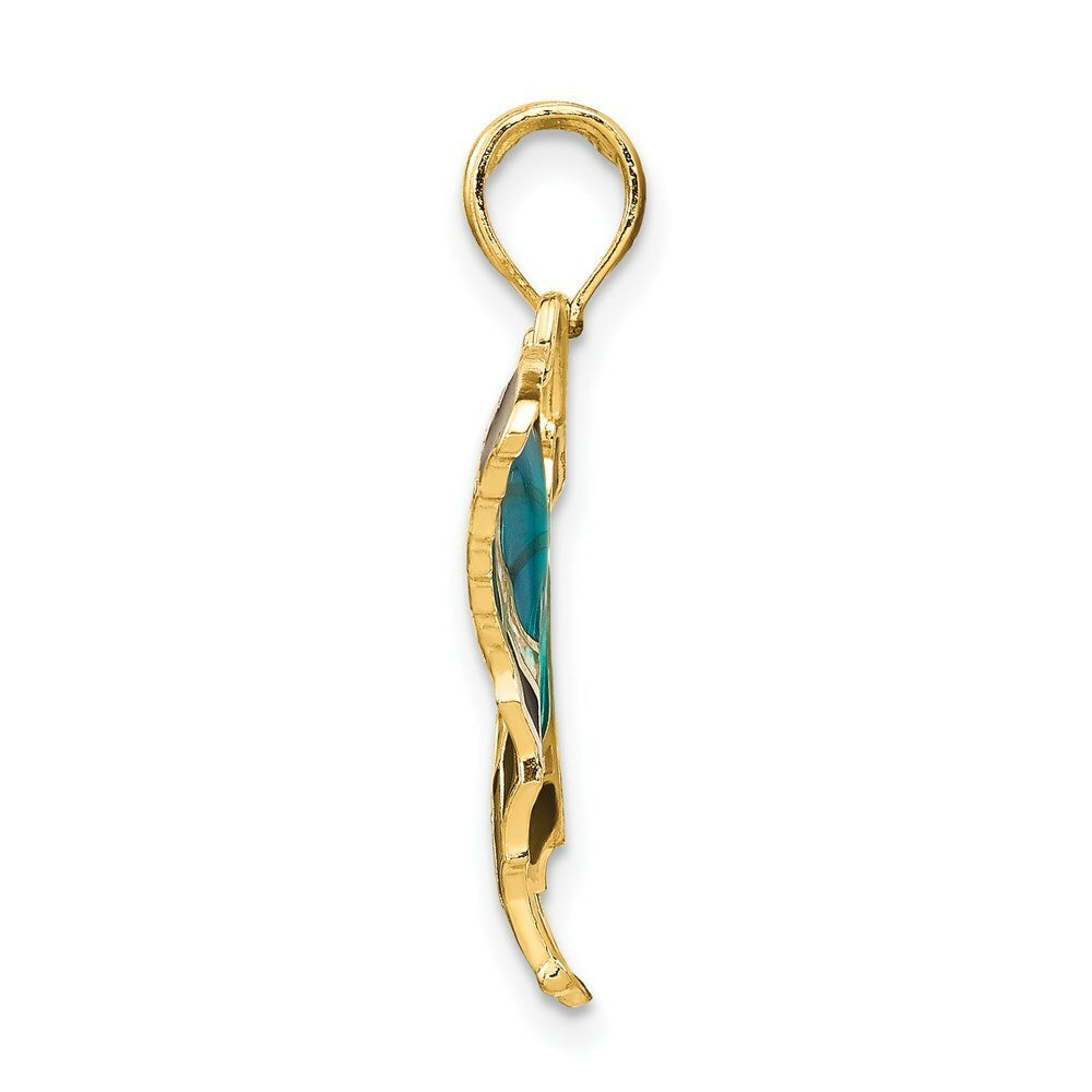 14K Yellow Gold Aqua Stained Glass Wings Butterfly Pendant with Acrylic