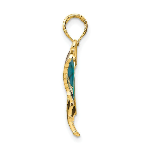 14K Yellow Gold Aqua Stained Glass Wings Butterfly Pendant with Acrylic