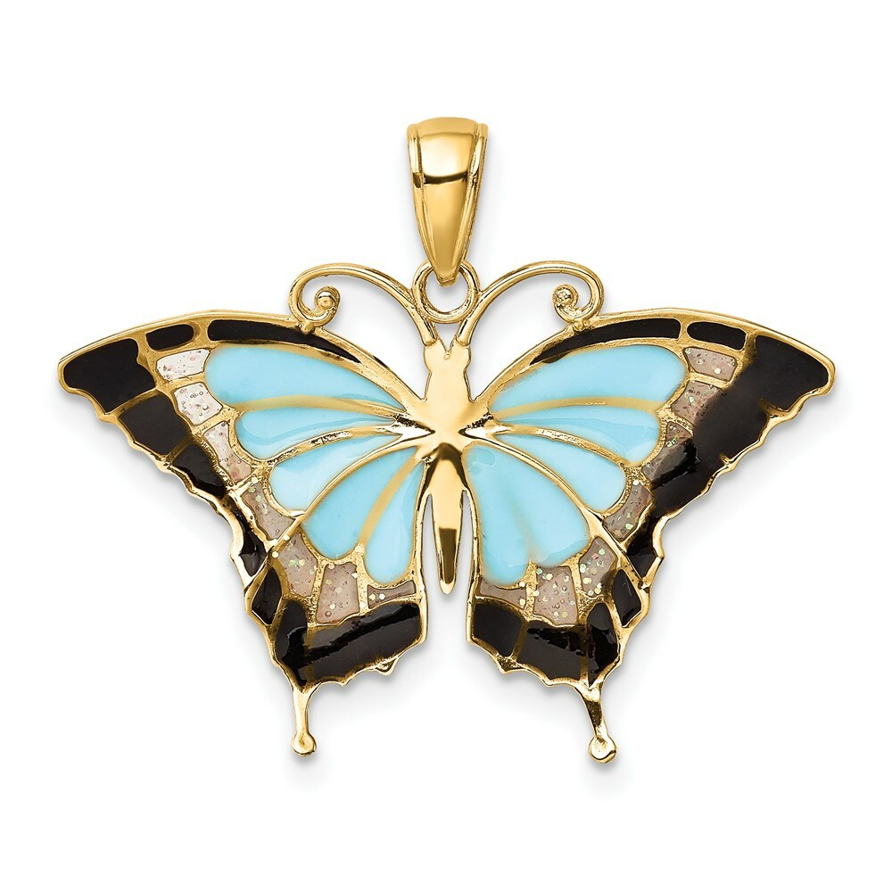14K Yellow Gold Aqua Stained Glass Wings Butterfly Pendant with Acrylic