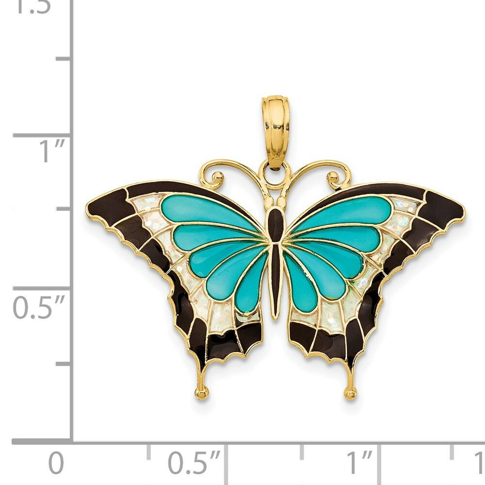 14K Yellow Gold Aqua Stained Glass Wings Butterfly Pendant with Acrylic