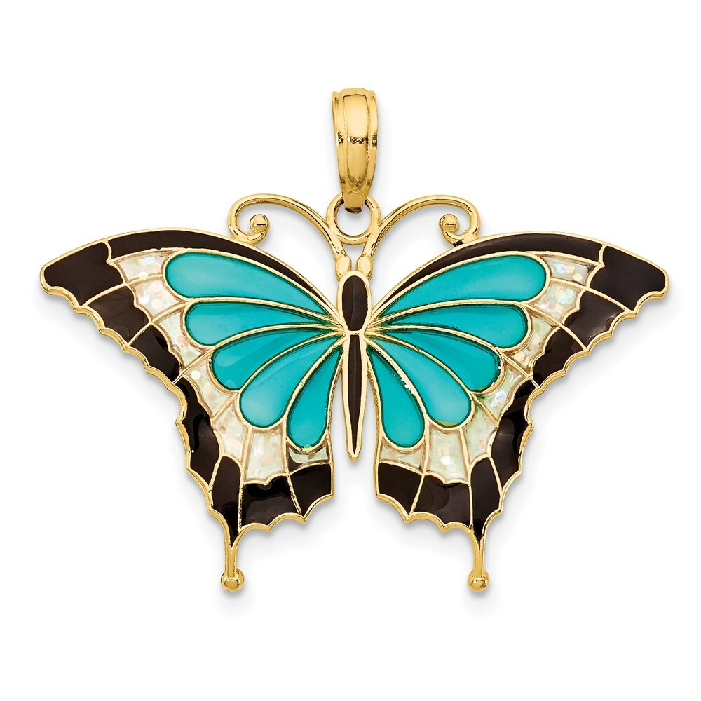 14K Yellow Gold Aqua Stained Glass Wings Butterfly Pendant with Acrylic