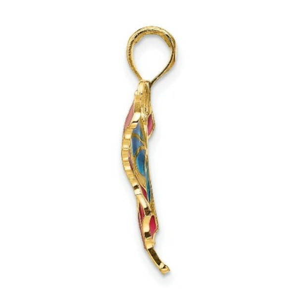 14K Yellow Gold Blue Stained Glass Wings Butterfly Pendant with Acrylic