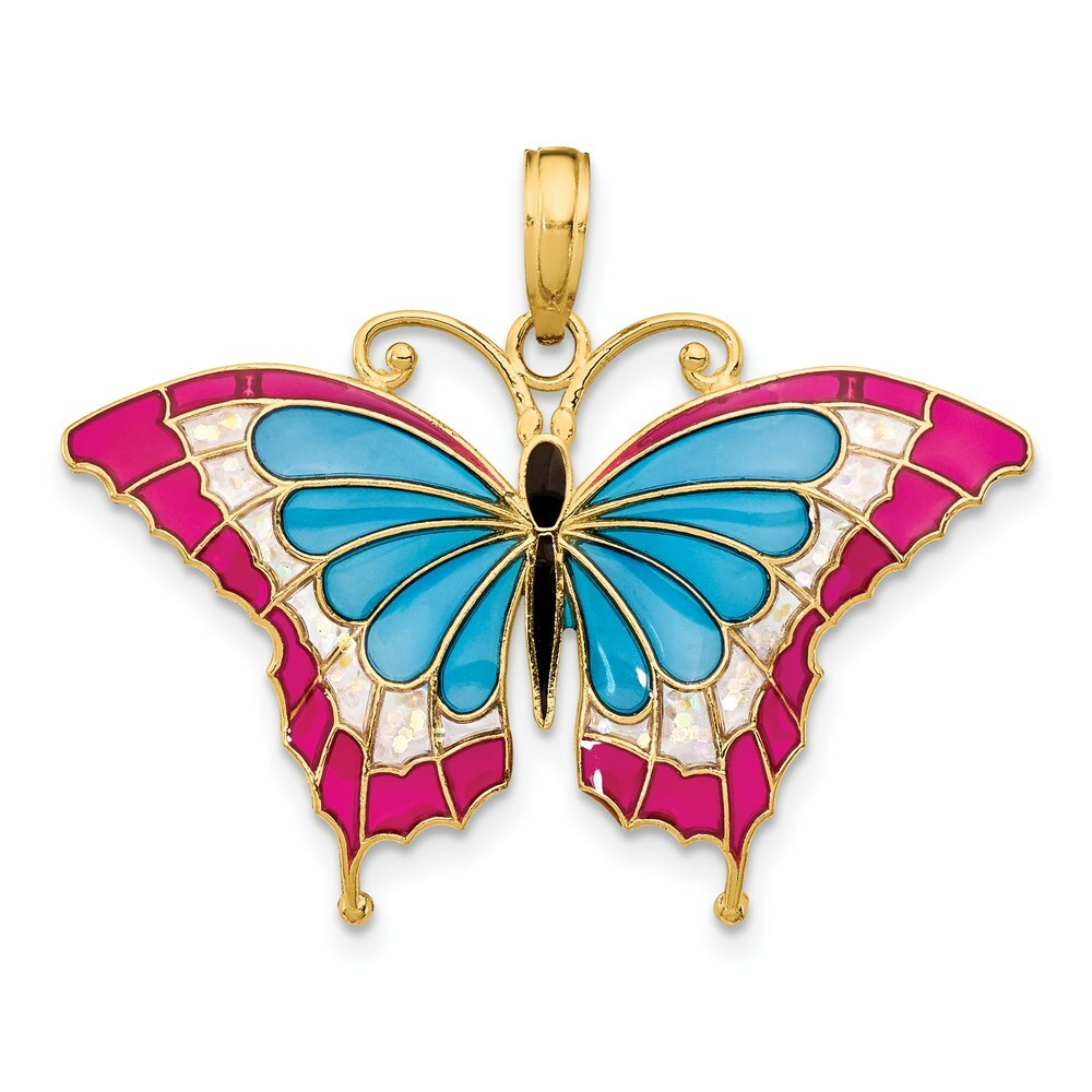 14K Yellow Gold Blue Stained Glass Wings Butterfly Pendant with Acrylic