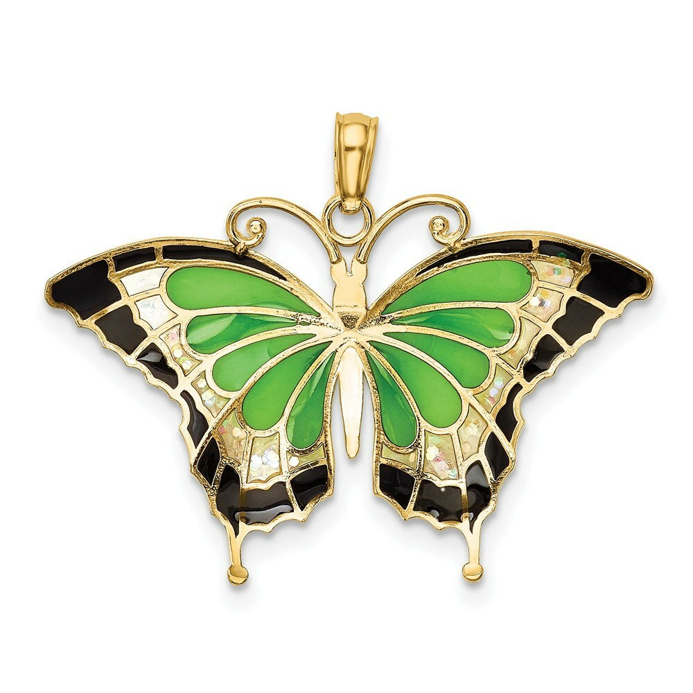 14K Yellow Gold Green Stained Glass Wings Butterfly Pendant with Acrylic