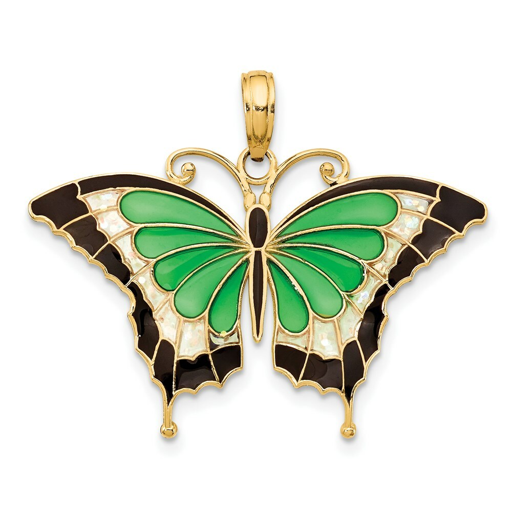 14K Yellow Gold Green Stained Glass Wings Butterfly Pendant with Acrylic