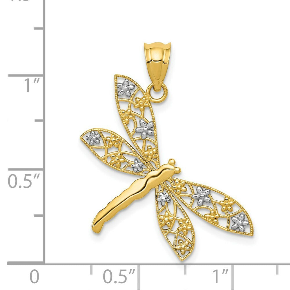 14K Yellow Gold & Rhodium Filigree Dragonfly Pendant