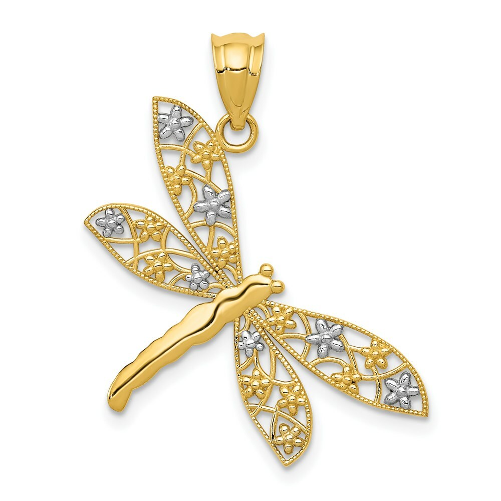 14K Yellow Gold & Rhodium Filigree Dragonfly Pendant