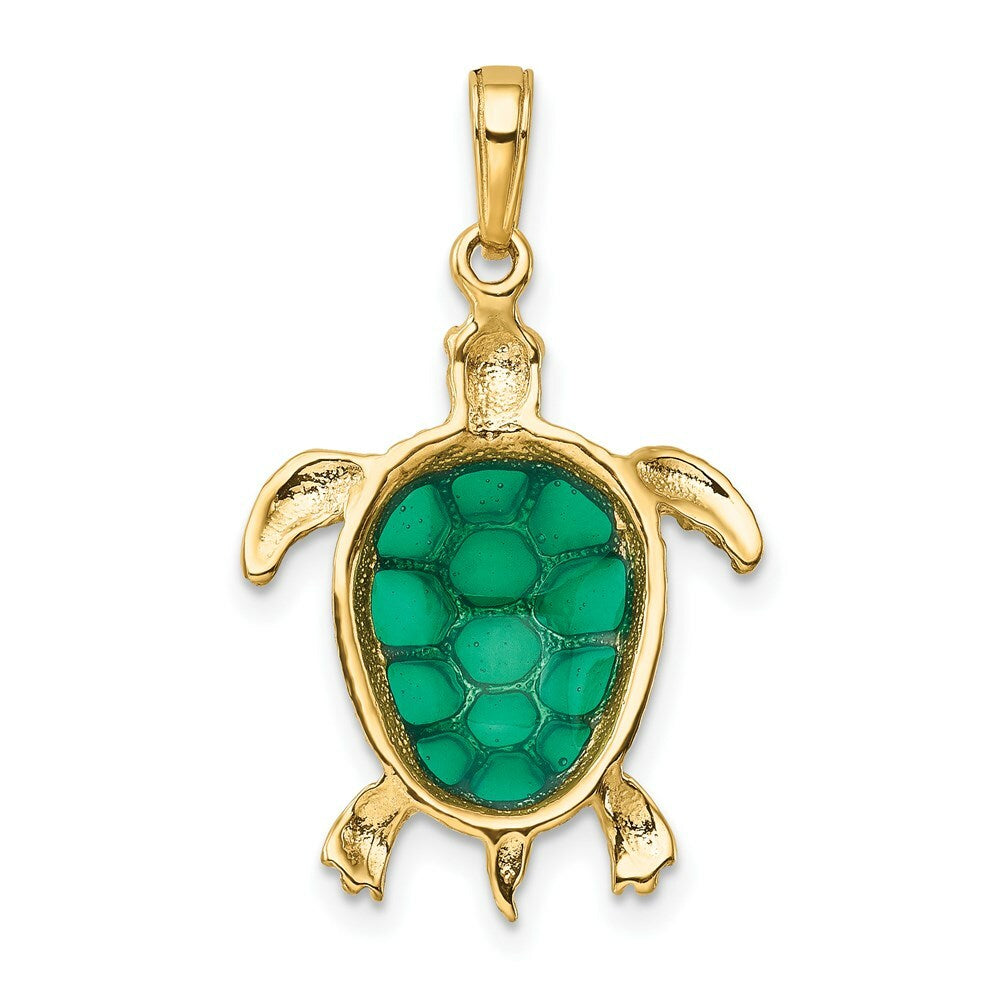 14K Yellow Gold Green Translucent Acrylic Sea Turtle Pendant